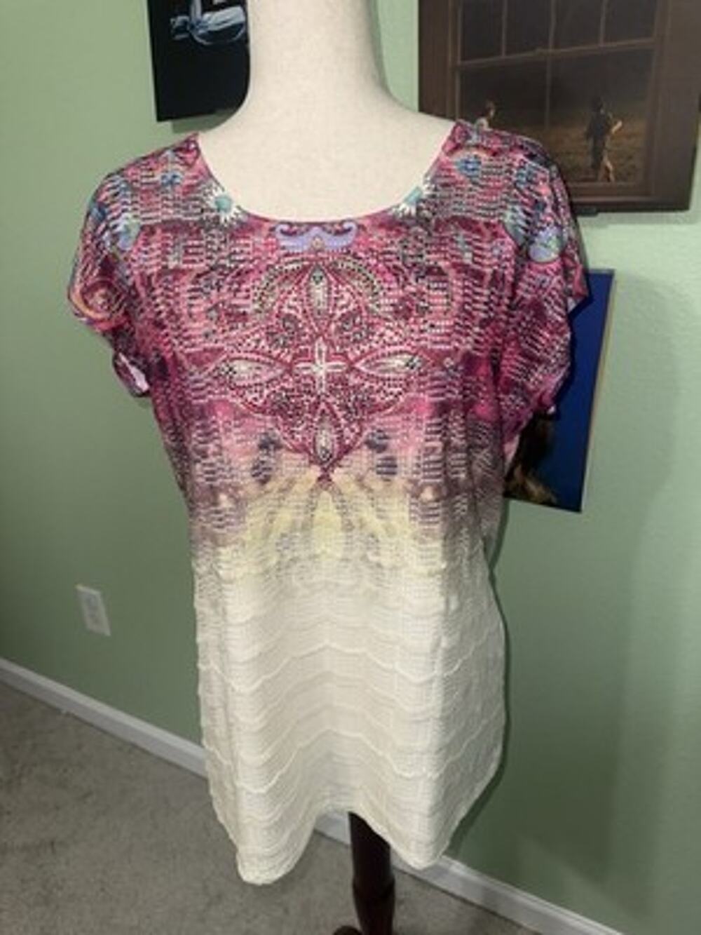 Reba Womens Large Ombre Paisley Embellished Short Sleeve Tunic Top Pink White